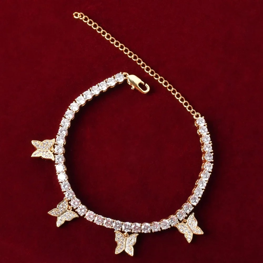 Women Iced Out Butterfly Tennis Link Chain Anklet 